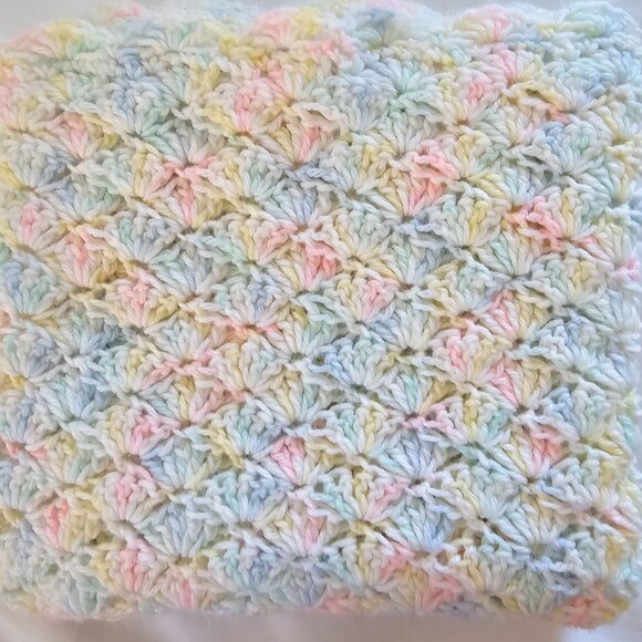 VTG Pastel Rainbow Colors Crochet/Knit Wool Square 30"x33" Baby Blanket Throw - Picture 12 of 13